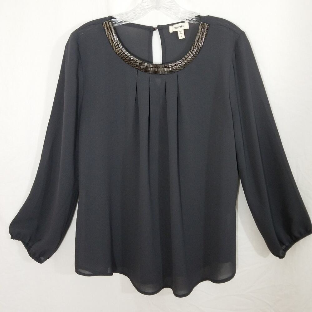 Meraki charcoal chiffon beaded neckline tunic top L